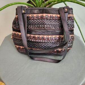 Woven Black Patchwork Purse Vintage w/ Over The Shoulder Strap